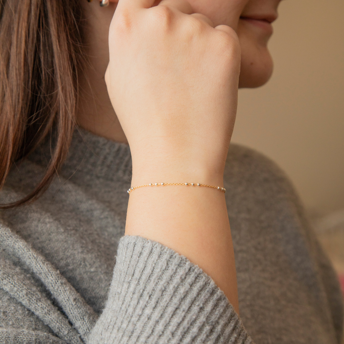 Chelsea Permanent Jewelry Chain, Cable Satellite Design with 2mm Silver Beads, Available in Yellow Gold-Filled