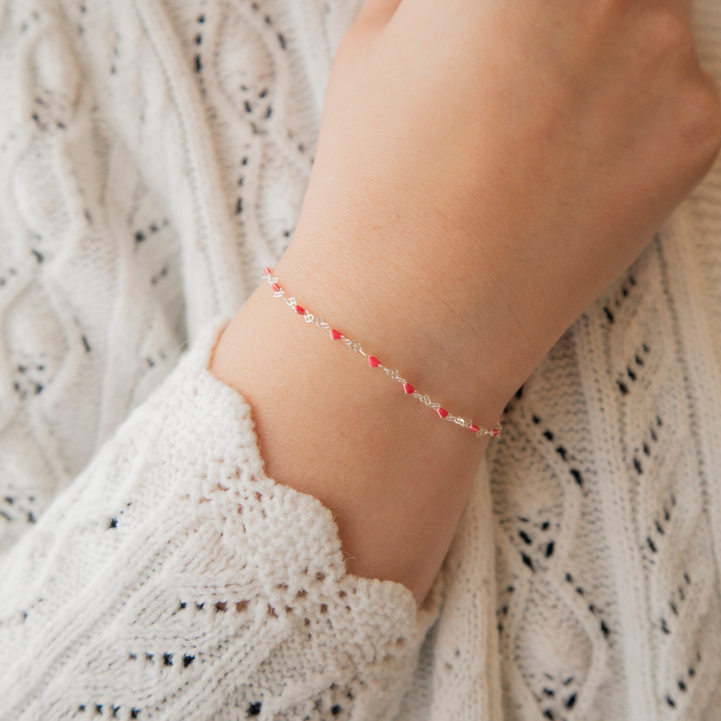 Natalie Permanent Jewelry Chain, Heart Links with Dark Rose Enamel, Available in Sterling Silver