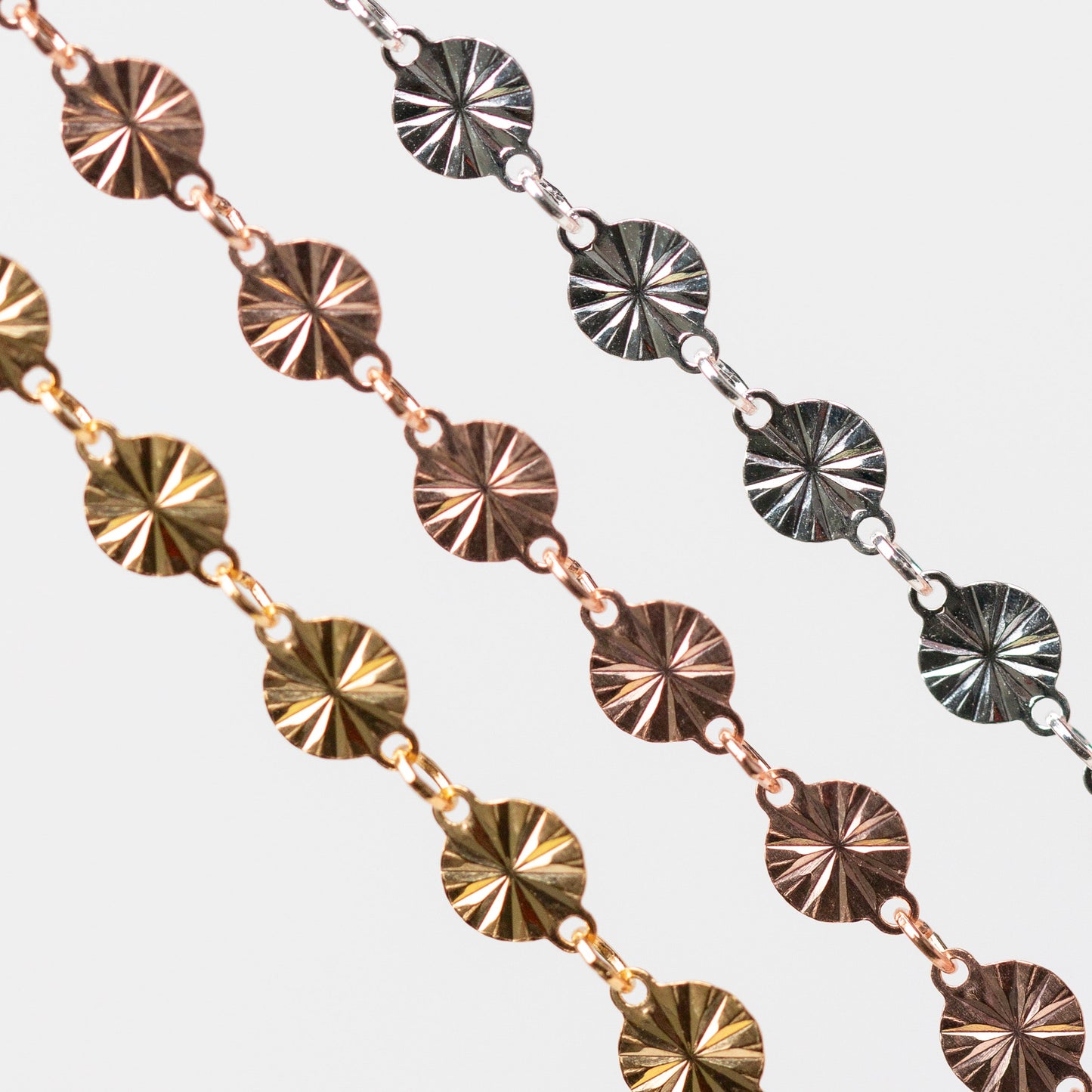 Amberly Permanent Jewelry Chain, Continuous Disks with a Starburst Design Joined with Jump Rings, Available in Gold Options and Sterling Silver