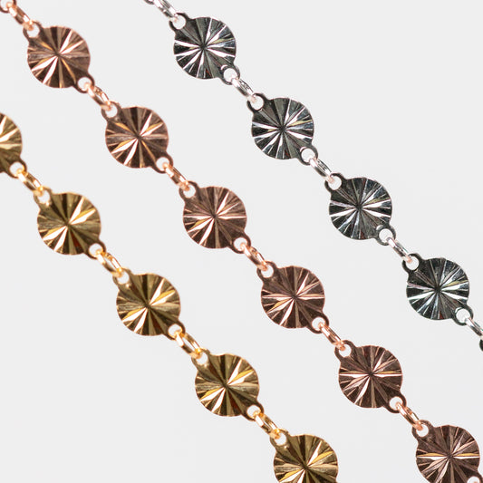 Amberly Permanent Jewelry Chain, Continuous Disks with a Starburst Design Joined with Jump Rings, Available in Gold Options and Sterling Silver