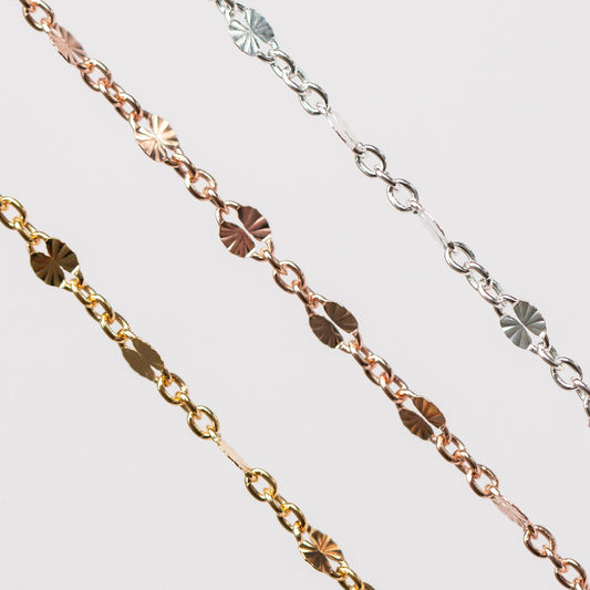 Brielle Permanent Jewelry Chain, Starburst Design, Figaro Chain, Available in Gold Options and Sterling Silver