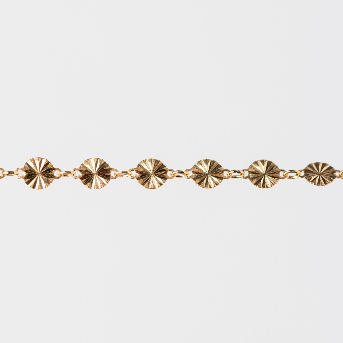 Amberly Permanent Jewelry Chain, Continuous Disks with a Starburst Design Joined with Jump Rings, Available in Gold Options and Sterling Silver