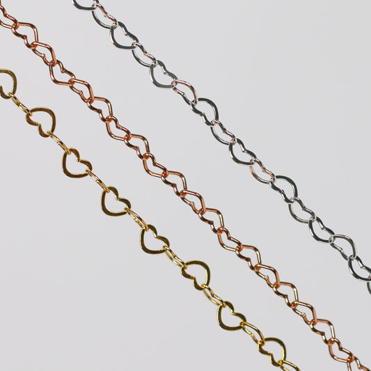 Ella Permanent Jewelry Chain, Flat Heart Design, Flat Heart Links, Available in Gold and Silver Options