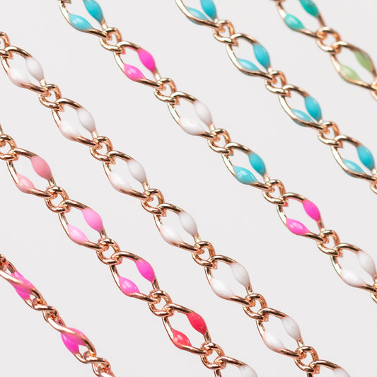 Jasmine Permanent Jewelry Chain, Figaro Design with Enamel Beads, Available in Silver and Gold Options