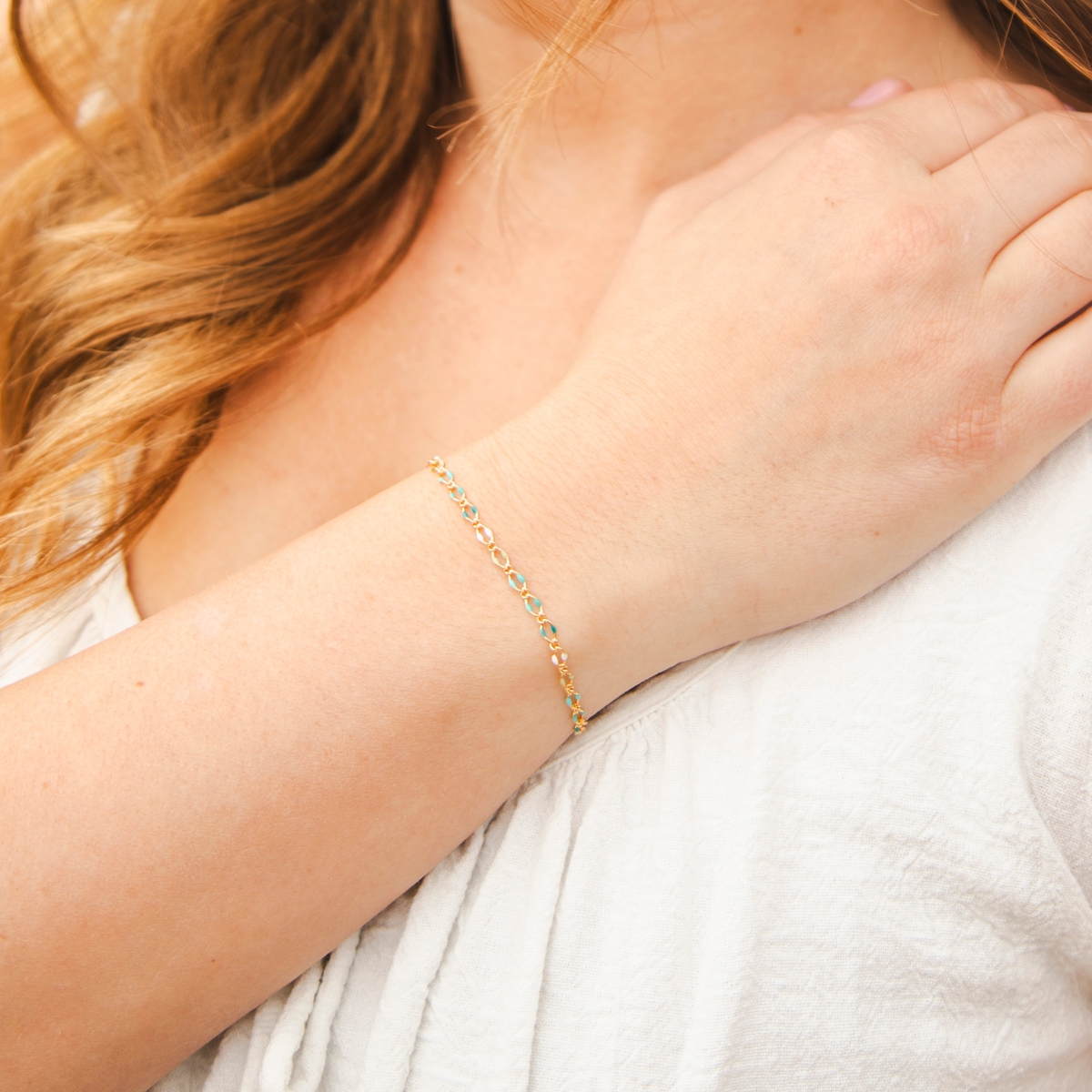 Jasmine Permanent Jewelry Chain, Figaro Design with Enamel Beads, Available in Silver and Gold Options
