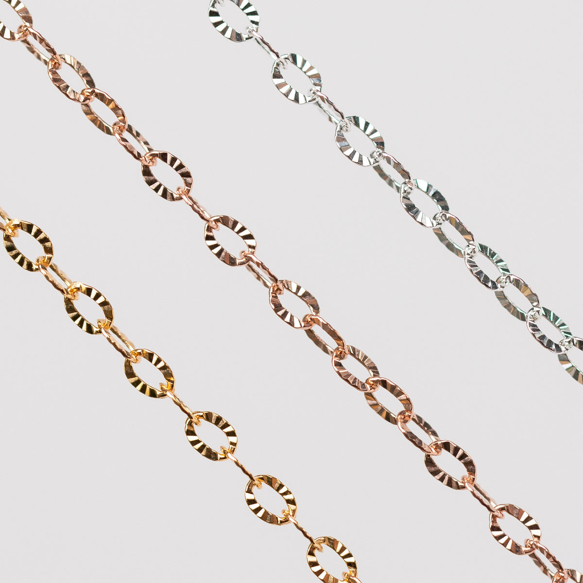 Kate Permanent Jewelry Chain, Cable Design, Hammered Starburst Oval Links, Available in Gold Filled and Silver