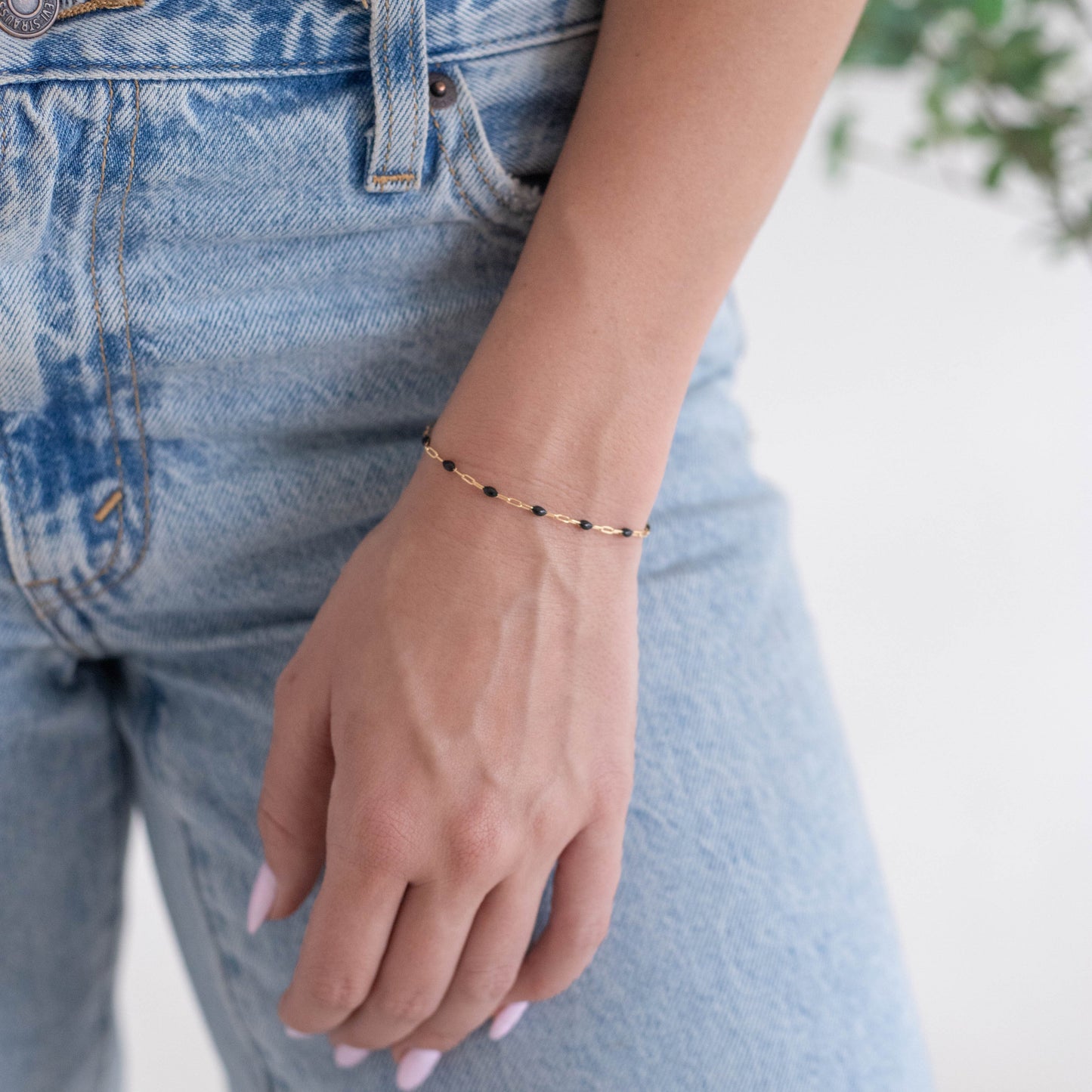 Ilaria Permanent Jewelry Chain, Black Enamel Design, Cable Links, Available in Gold Filled and Sterling Silver