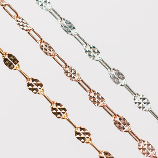Megan Permanent Jewelry Chain, Alternating Paperclip Shiny Square Texture Links, Available in Sterling Silver and Gold Filled