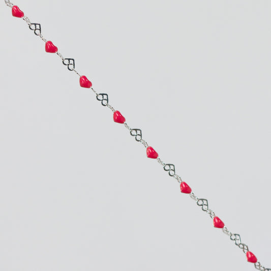 Natalie Permanent Jewelry Chain, Heart Links with Dark Rose Enamel, Available in Sterling Silver