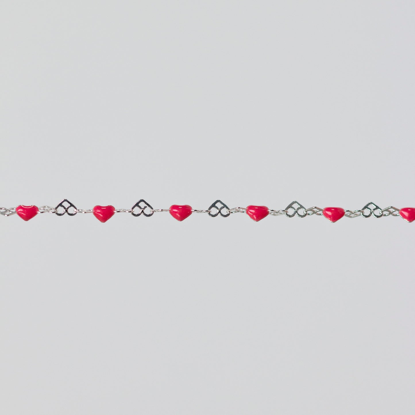 Natalie Permanent Jewelry Chain, Heart Links with Dark Rose Enamel, Available in Sterling Silver