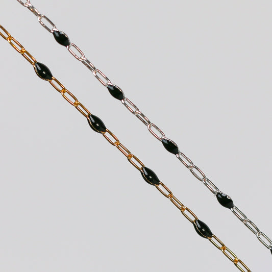 Ilaria Permanent Jewelry Chain, Black Enamel Design, Cable Links, Available in Gold Filled and Sterling Silver