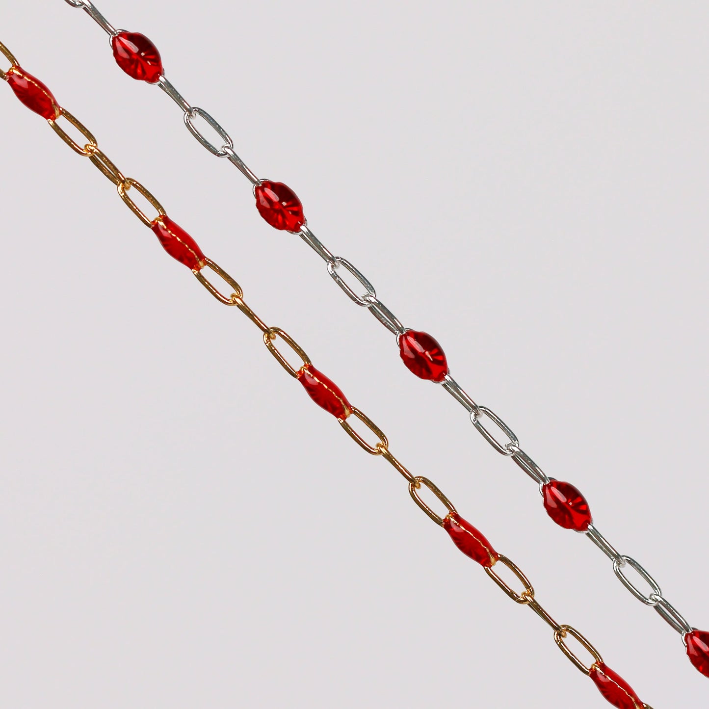 Irena Permanent Jewelry Chain, Red Enamel Design, Cable Links, Available in Gold Filled and Sterling Silver