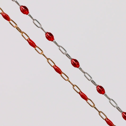 Irena Permanent Jewelry Chain, Red Enamel Design, Cable Links, Available in Gold Filled and Sterling Silver