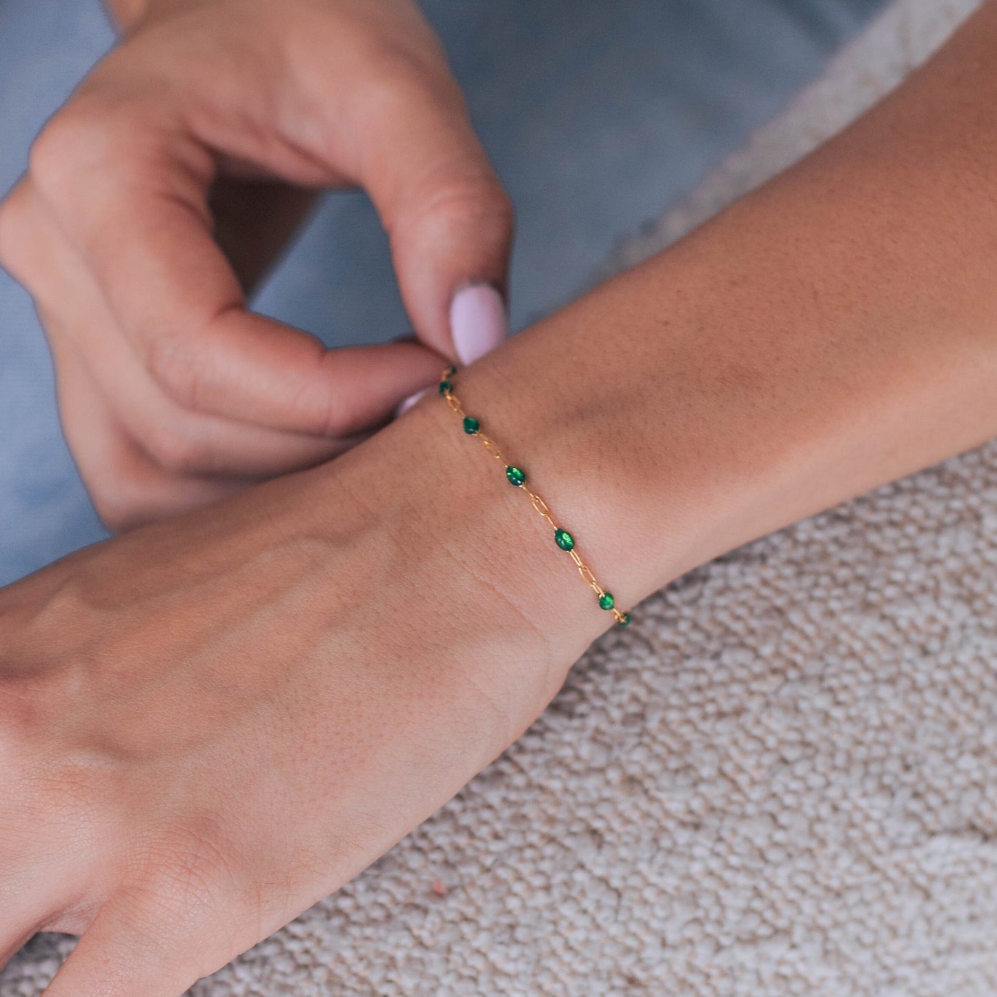 Esmerelda Permanent Jewelry Chain, Emerald Green Enamel Design, Cable Links, Available in Gold Filled and Sterling Silver
