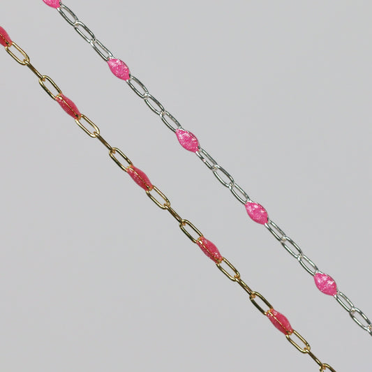 Lavinia Permanent Jewelry Chain, Pink Enamel Design, Cable Links, Available in Gold Filled and Sterling Silver
