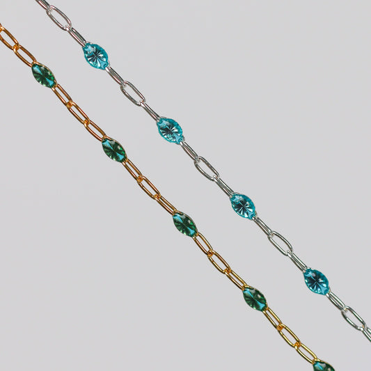 Caterina Permanent Jewelry Chain, Aquamarine Enamel Design, Cable Links, Available in Gold Filled and Sterling Silver