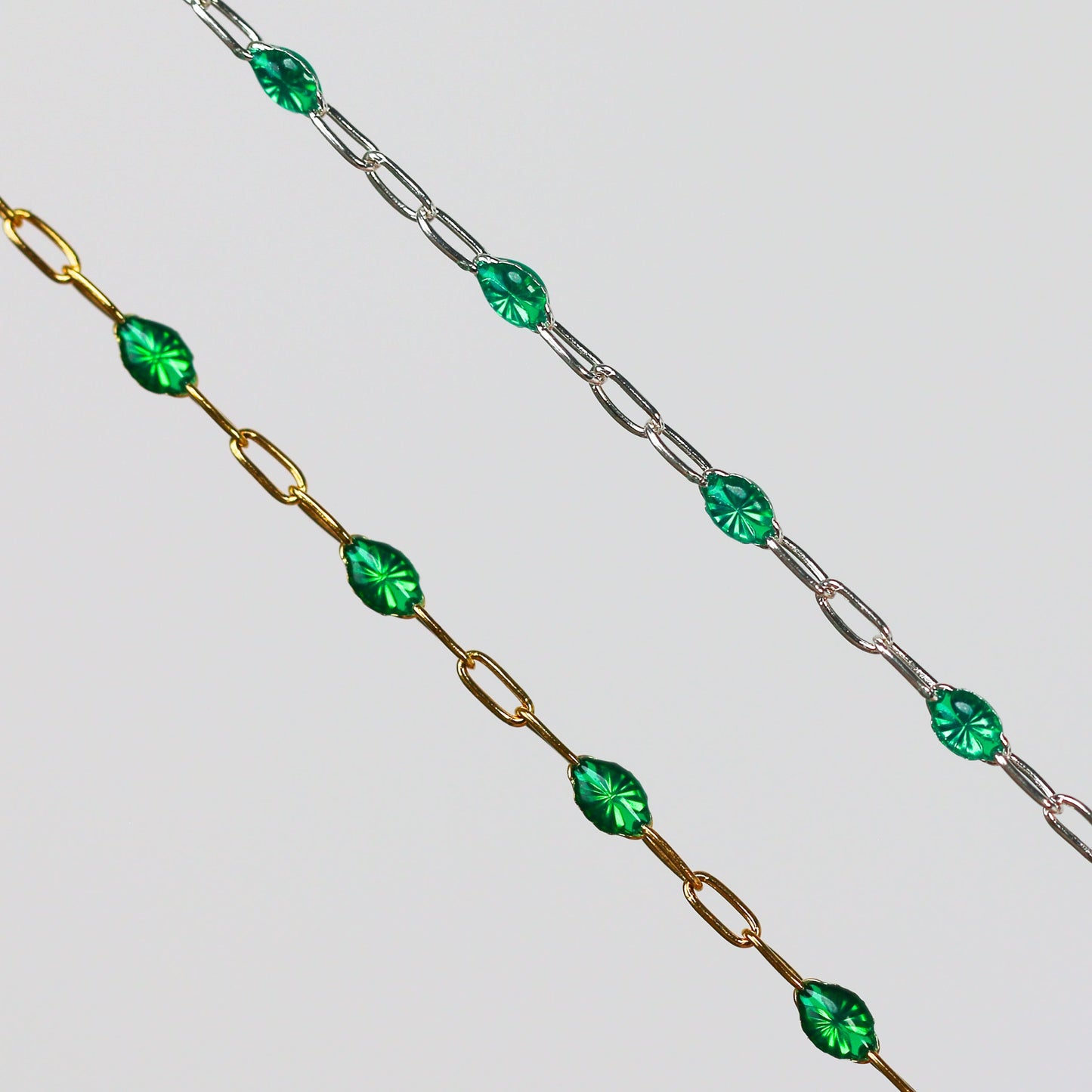 Esmerelda Permanent Jewelry Chain, Emerald Green Enamel Design, Cable Links, Available in Gold Filled and Sterling Silver