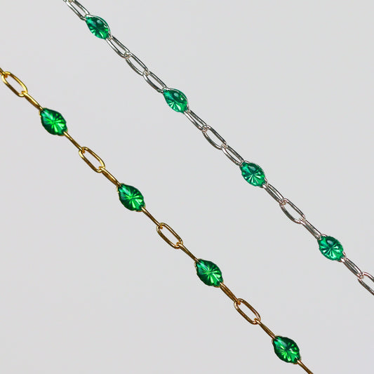 Esmerelda Permanent Jewelry Chain, Emerald Green Enamel Design, Cable Links, Available in Gold Filled and Sterling Silver