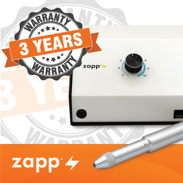 Zapp device with a 3-year warranty badge on an orange background