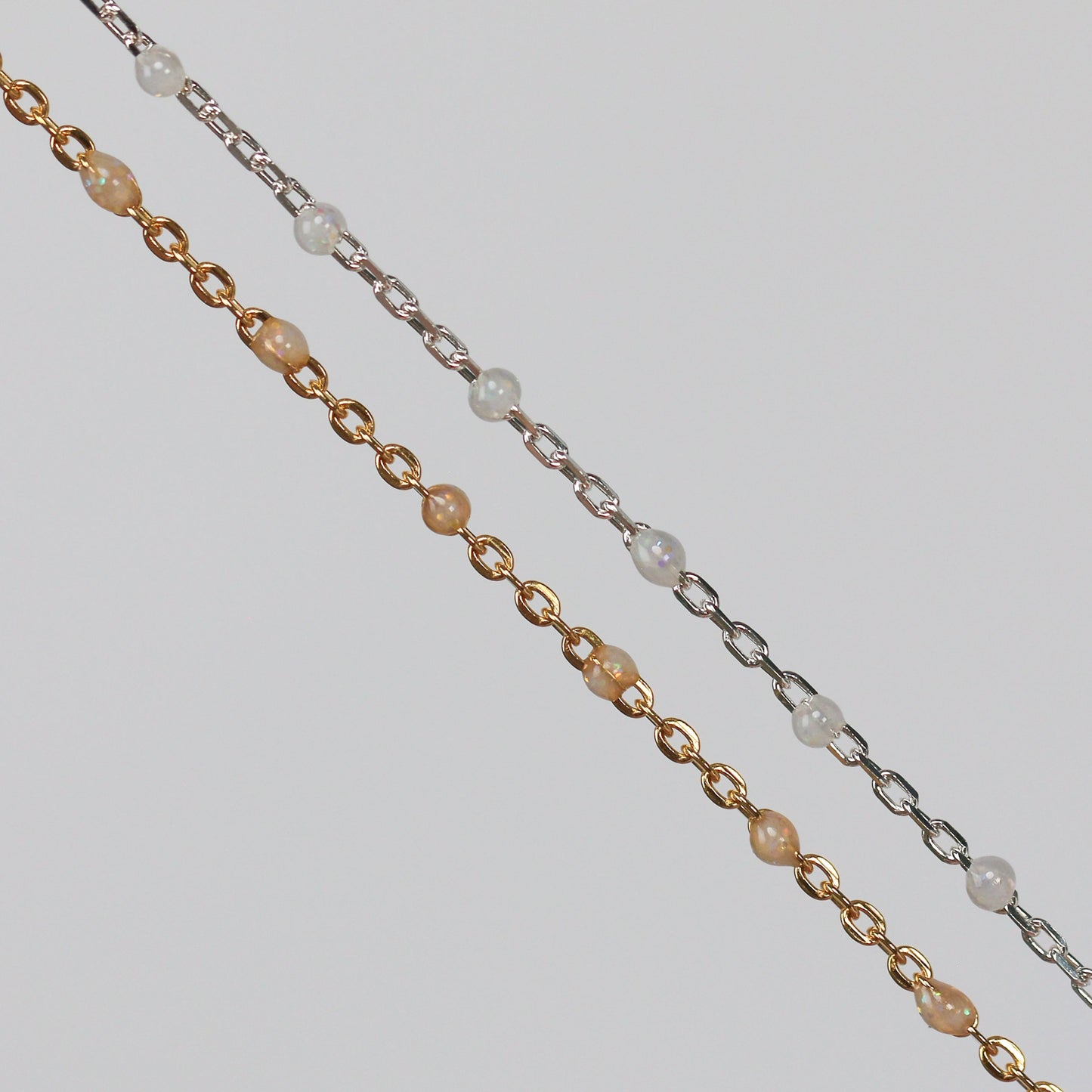 Viviana Permanent Jewelry Chain, White Opal Enamel Design, Cable Links, Available in Gold Filled and Sterling Silver