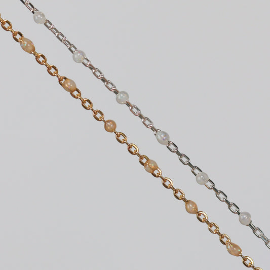 Viviana Permanent Jewelry Chain, White Opal Enamel Design, Cable Links, Available in Gold Filled and Sterling Silver