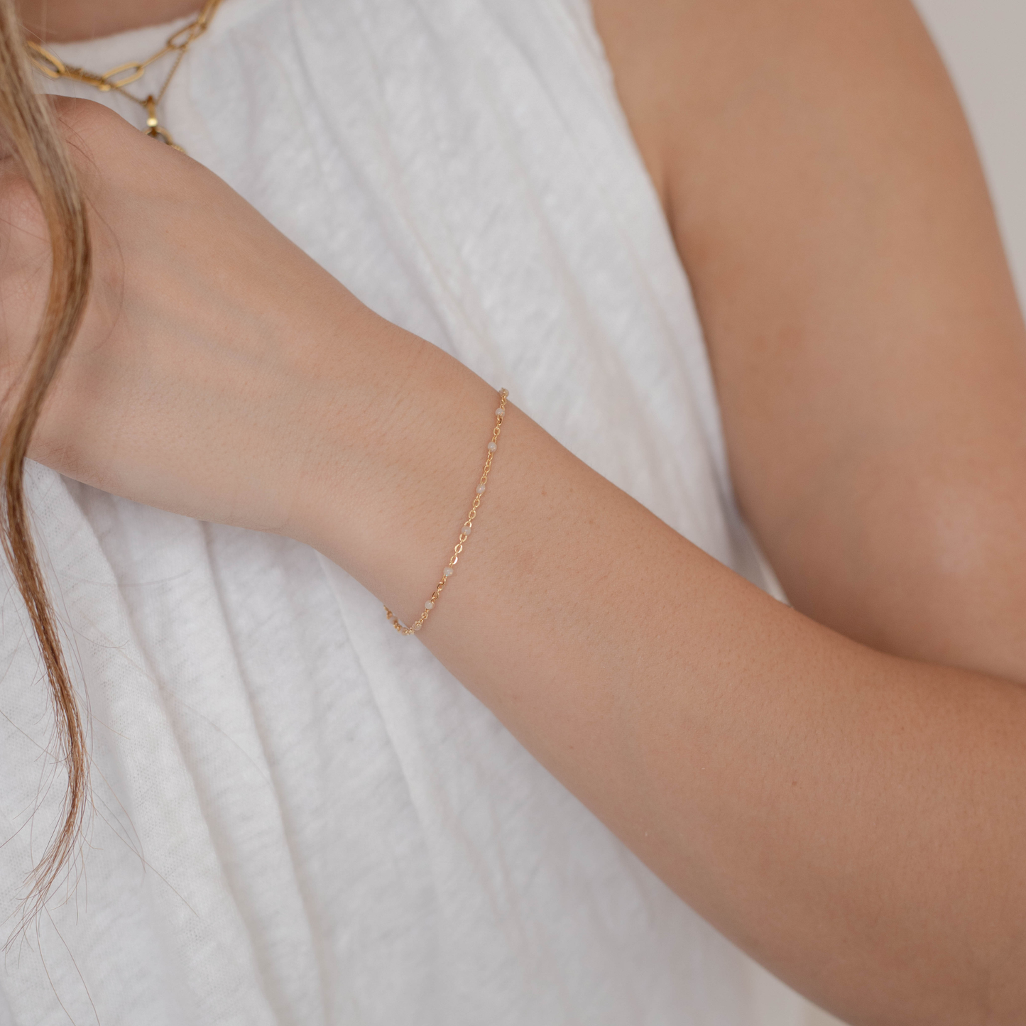 Viviana Permanent Jewelry Chain, White Opal Enamel Design, Cable Links, Available in Gold Filled and Sterling Silver