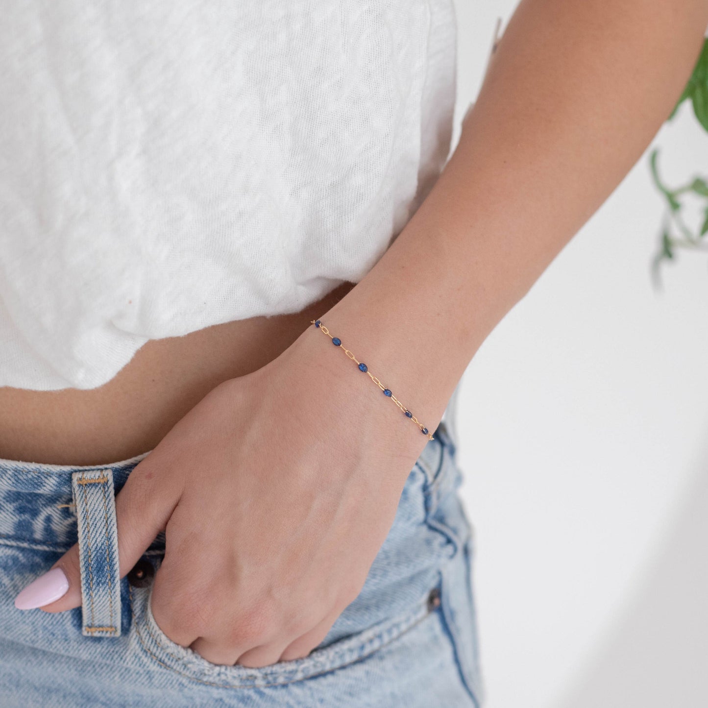 Fabiana Permanent Jewelry Chain, Blue Enamel Design, Cable Links, Available in Gold Filled and Sterling Silver