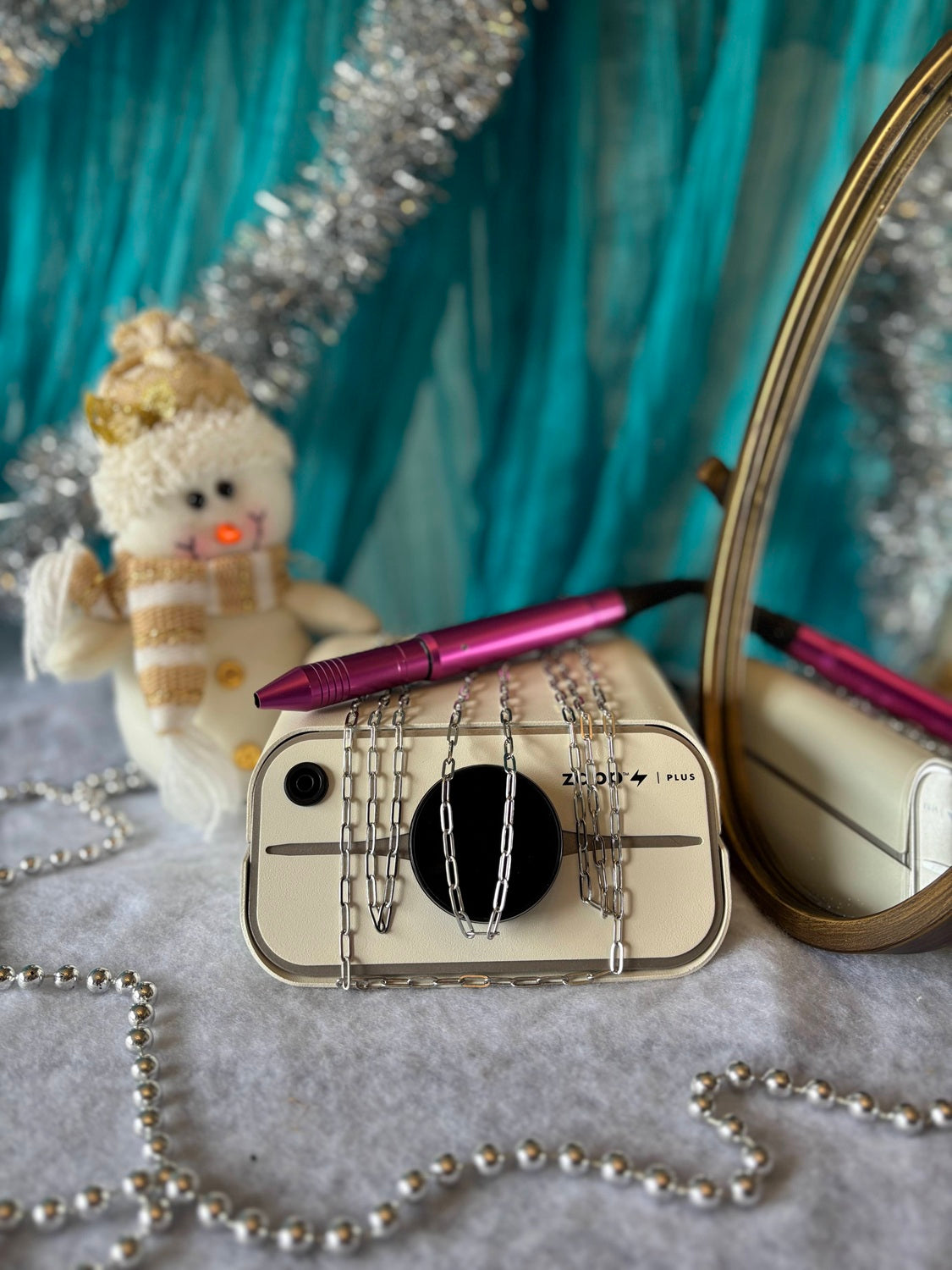 gorgeous winter theme permanent jewelry party setup